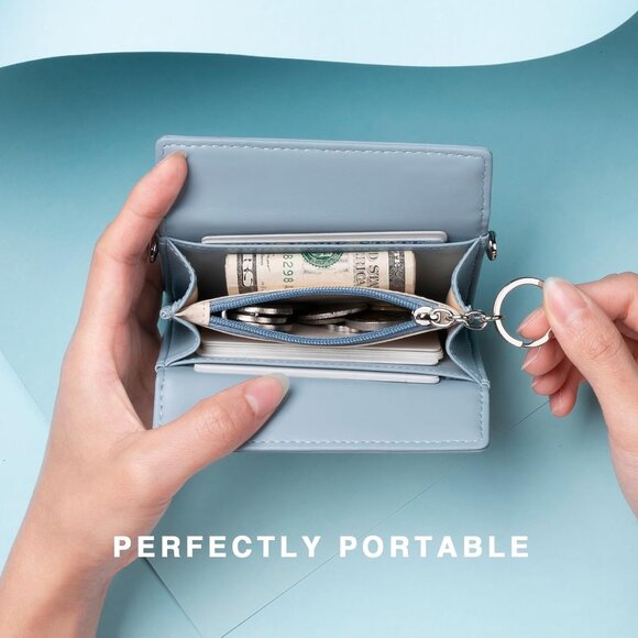 Women Blue Minimalist Magnetic Closure Pouch Change Wallet with Chain Strap - Picture 3 of 6